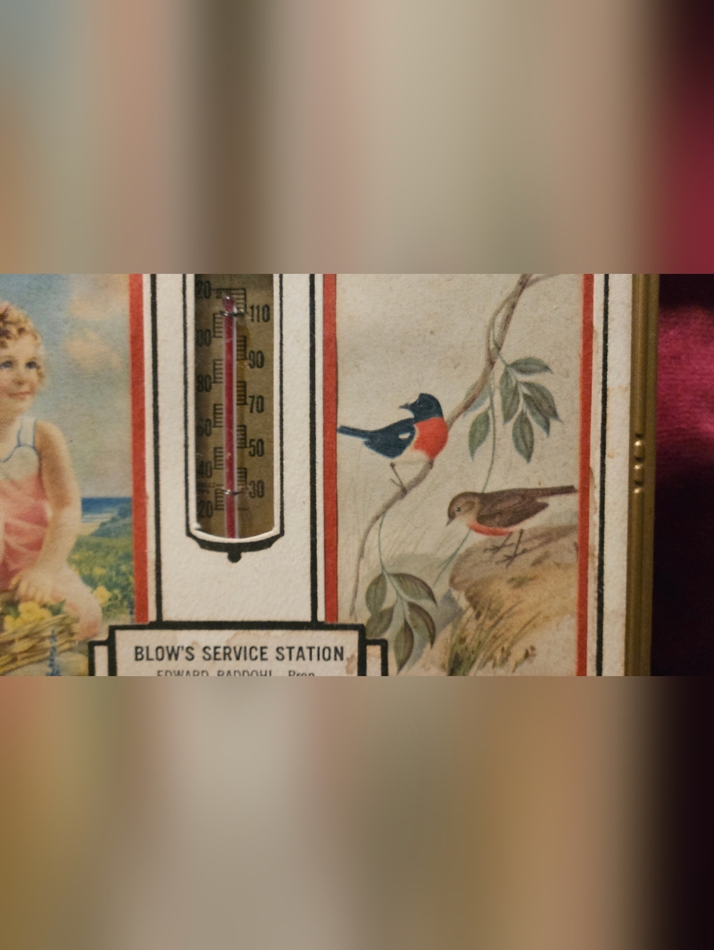 1930's Framed Thermometer Wall Art with Girl and Birds Nimrod MN - Picture 4 of 6